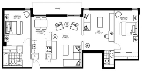 Floor plan for 2 beds, 1.5 baths, 1100 sqft